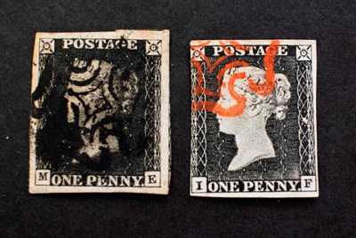 Lot 195 - 1840 1d Blacks - 2 Examples on a small stockcard. One with 4 large but uneven margins and fine...