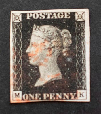 Lot 196 - 1840 1d black 4 margins 'M.K.' plate 8 with red MX cancel.