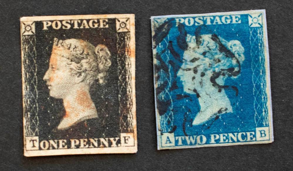 Lot 199 - 1840 Black and Blue pair - 1d black lettered T-F with 3 margins, 4th margin shaved lower left, with