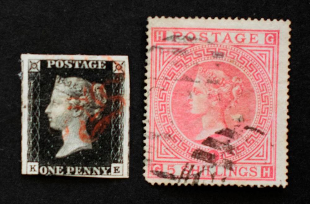Lot 199 - 1840 1d Black lettered K-E good colour, 3 margins cut into at lower SW corner, with a light red...