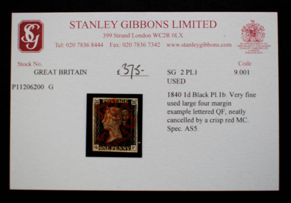 Lot 201 - 1840 1d Black Superb 4 Margin with clear and central red MX. Plate 1b lettered QF. A fine...