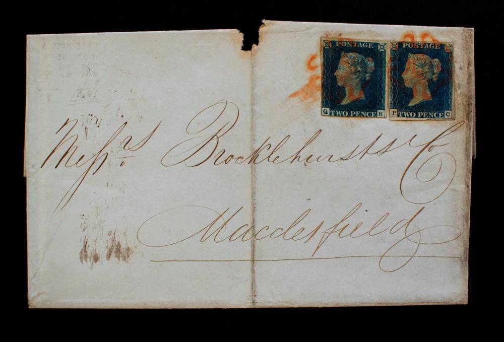 Lot 202 - GB - Outer letter sheet to Macclesfield bearing two 2d blues (Q-F) 2 margins and (P-C) 4...