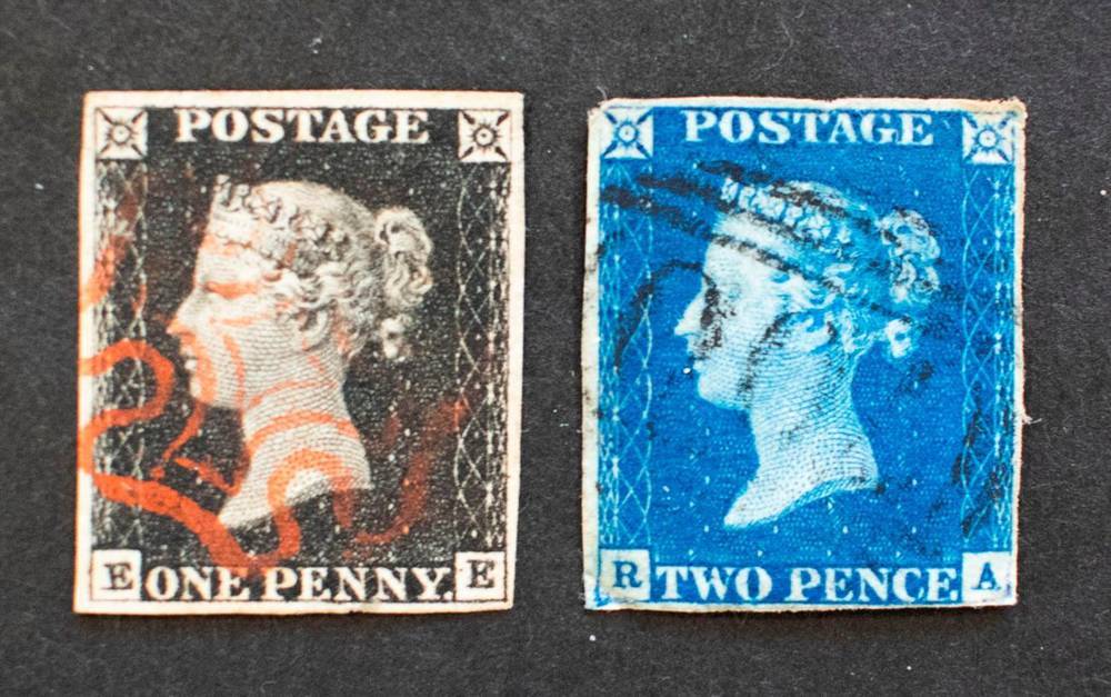 Lot 203 - GB - 1840 1d Black VFU 4 margins with red MX plus 1840 2d Blue with 4 margins ( minor faults to top