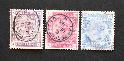 Lot 218 - GB QV 1883 High Value trio f.u. Short perf to 10/- upper right.