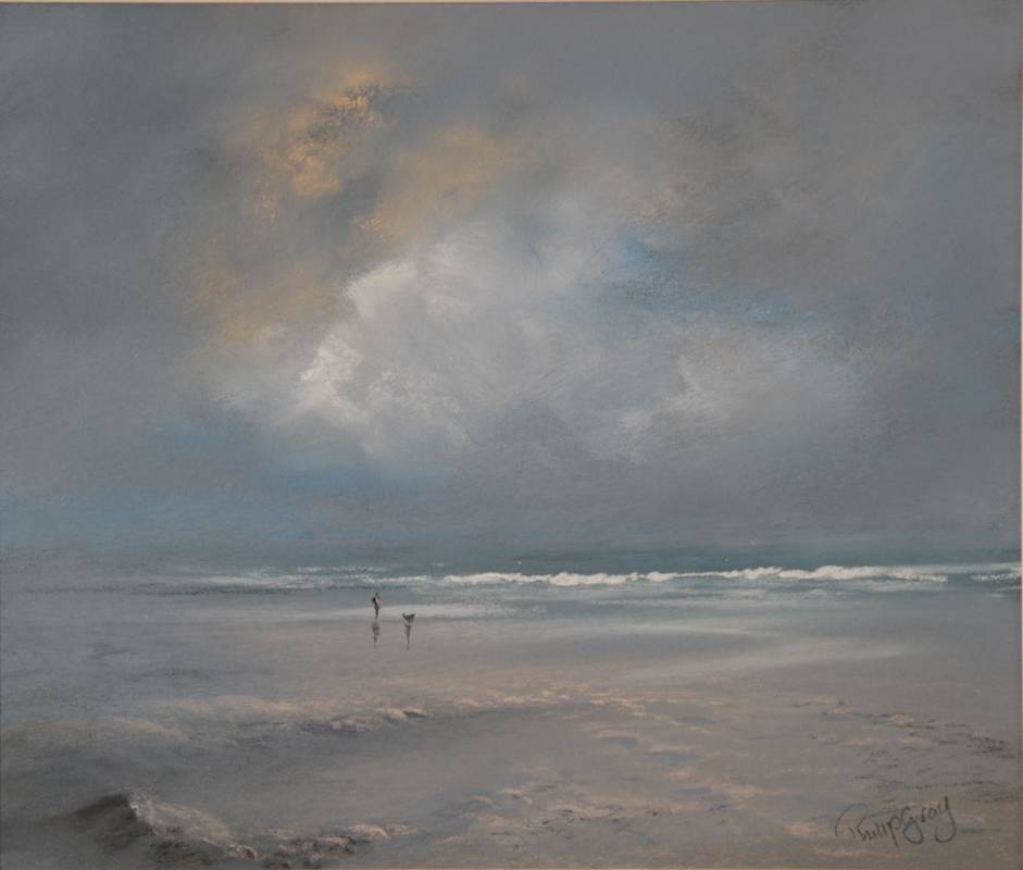 Lot 70 - Philip Gray (b.1959) Irish ''Man and dog on a beach''  Signed, pastel, 24cm by 29cm  Artist's...