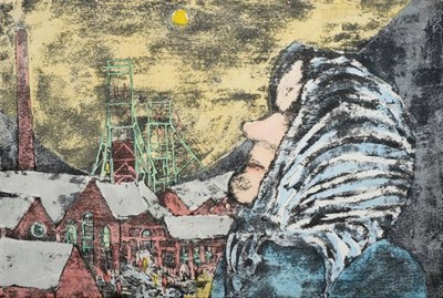 Lot 76 - Tom McGuinness (1926-2006) Profile portrait of a lady with the colliery in the distance Bears...