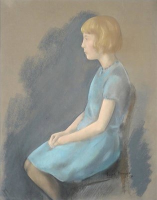 Lot 93 - Jacob Kramer (1892-1962) Portrait of a girl seated wearing a blue dress Signed and dated 1930,...