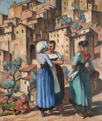 Lot 124 - Adrian Paul Allinson (1890-1959) Figures before a continental town Signed and dated (19)25, oil...