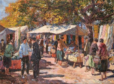 Lot 134 - Louis Floutier (1882-1936) French Market day Signed, oil on canvas, 53cm by 72cm  See illustration