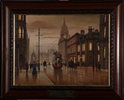 Lot 152 - Steven Scholes (b.1952) ''Mount Street, Manchester, 1905'' Signed, oil on board, 29.5cm by...