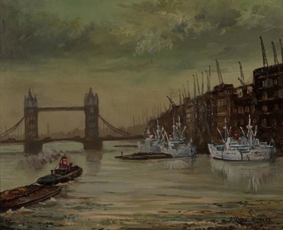 Lot 153 - Steven Scholes (b.1952)  ''Pool of London, 1956'' Signed, inscribed verso, oil on board, 25cm...
