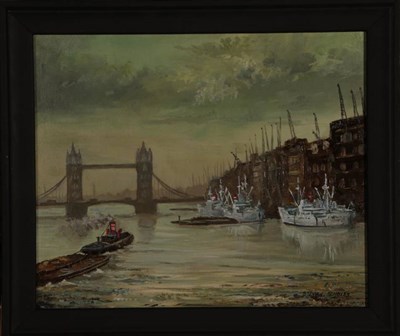 Lot 153 - Steven Scholes (b.1952)  ''Pool of London, 1956'' Signed, inscribed verso, oil on board, 25cm...