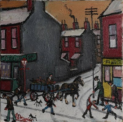 Lot 160 - James Downie (b.1949) Figures and a horse and cart on a Northern street Signed, dated 2014...