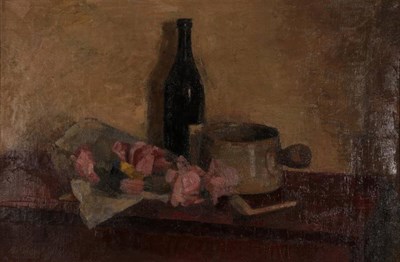 Lot 199 - Frederick Brill (1920-1984) Still life of a bottle, pipe, rose petals and a copper pan  Oil on...