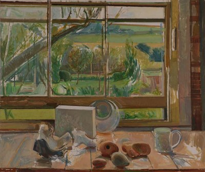 Lot 200 - Follower of Carel Weight (1908-1997) Still life of assorted items before an open window Oil on...