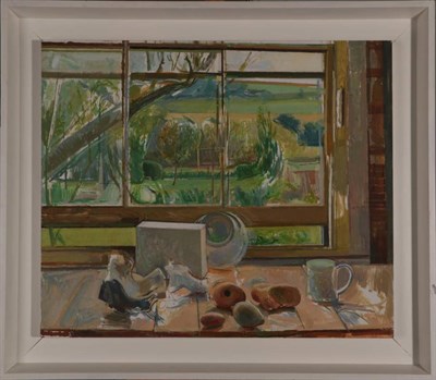 Lot 200 - Follower of Carel Weight (1908-1997) Still life of assorted items before an open window Oil on...