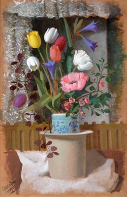 Lot 202 - William Crosbie RSA, RGI (1915-1999) Still life of Tulips, Quince and Blue Lillies Signed and dated
