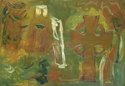 Lot 203 - Nano Reid (1900-1981) Irish Abstract still life composition with bottle and Celtic cross...