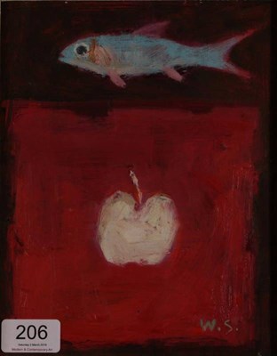 Lot 206 - William Selby RSW RWS (b.1933) ''White Apple, Blue Fish'' Initialled, oil on board, 23cm by...