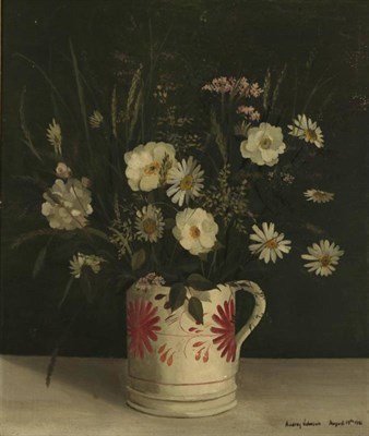 Lot 207 - Audrey Johnson (1918-2010) ''Marguerites and assorted grasses in a mug'' Signed, inscribed and...