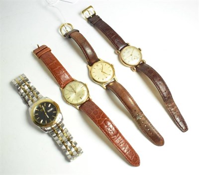 Lot 2 - An Arnex 9 carat gold gents wristwatch; a Lanco 9 carat gold gents wristwatch; an Ingersoll...