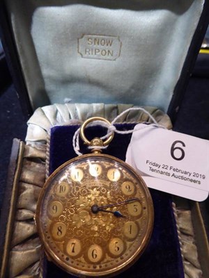 Lot 6 - An 18 carat gold outer cased open face pocket watch, signed ''Snow, Ripon'', in original case