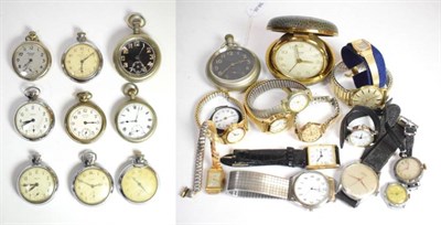 Lot 15 - A Swiss military style pocket watch with black dial; together with a quantity of assorted...
