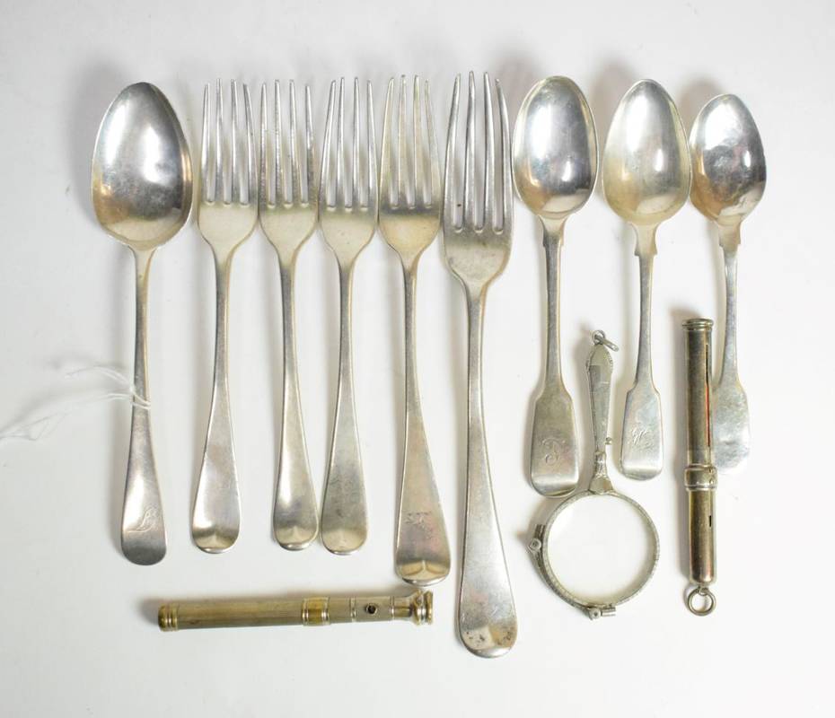 Lot 16 - A group of George III/Victorian silver flatware; a pair of plated lorgnettes; and two various...