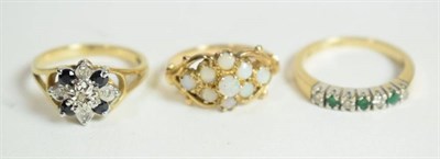 Lot 17 - Three 9 carat gold gem set dress rings, finger sizes K1/2, N and N (3)