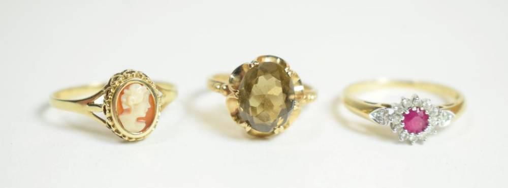 Lot 18 - A 9 carat gold cameo ring, finger size P; a gem set dress ring stamped '9K' '375', finger size...