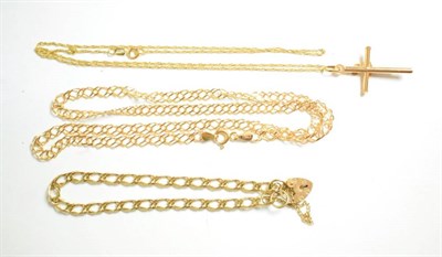 Lot 20 - A 9 carat gold bracelet, with a padlock clasp stamped '.375', length 18.5cm; a yellow metal...