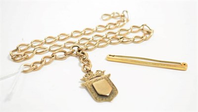 Lot 48 - A 9 carat gold part watch chain and fob; and a tie pin, stamped '9ct' (2)