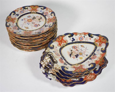 Lot 64 - A Staffordshire ironstone dessert service, circa 1850, printed and overpainted with Imari style...