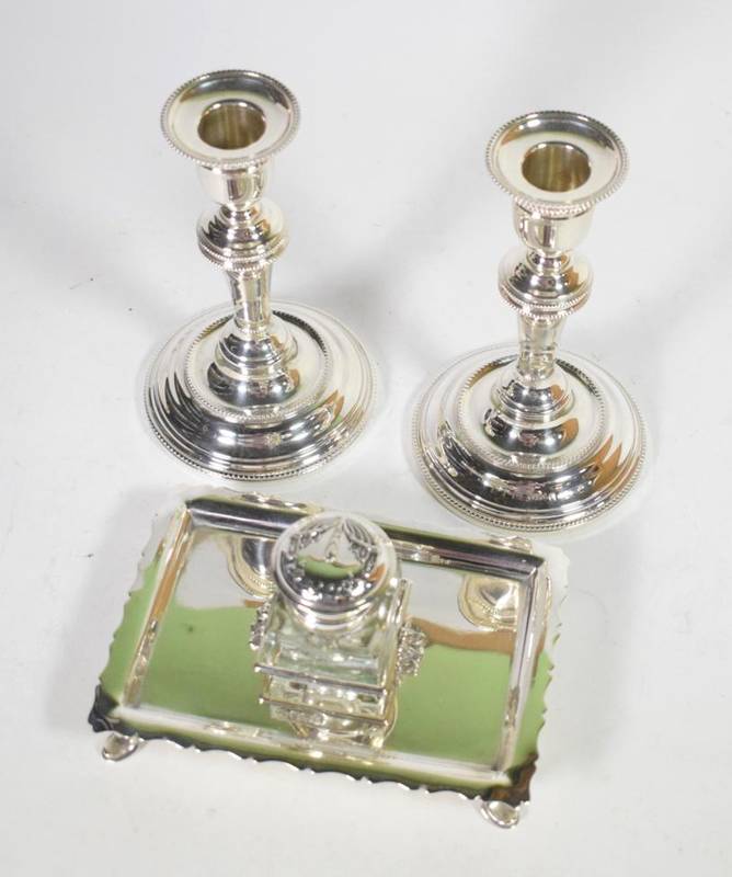 Lot 66 - A pair of silver candlesticks, London 2000, with bead borders; and a a late Victorian silver...