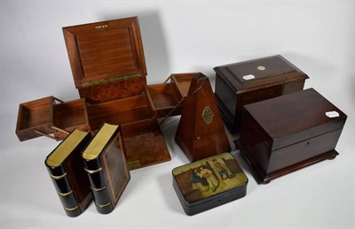Lot 82 - A pair of inlaid book type boxes; a burrwood jewellery box with cantilever interior; three...