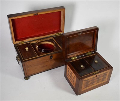 Lot 104 - A parquetry decorated oblong tea caddy and another, mahogany and ebony lined sarcophagus tea...