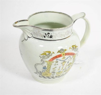 Lot 111 - A pearlware Masonic jug, circa 1820, printed and overpainted with Masonic emblems and inscribed GOD