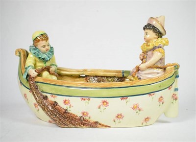 Lot 112 - Delphin Massier boat vase with two figures