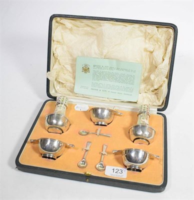 Lot 123 - An eight piece silver cased condiment set, Brook & Son