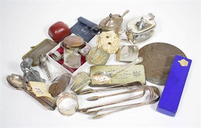 Lot 136 - A box of silver and other collectables, ivory concentric ball, WWI death plaque, miscellaneous...