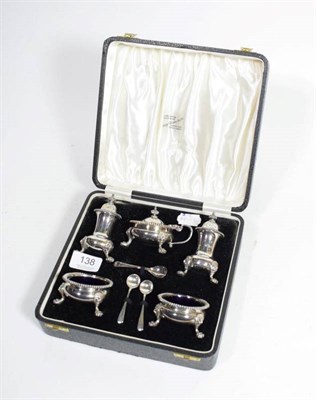 Lot 138 - A cased five piece silver condiment set by Aidie Bros