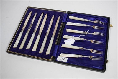 Lot 166 - Six pairs of Edwardian silver fruit knives and forks, Allen & Darwin, Sheffield 1905, with...