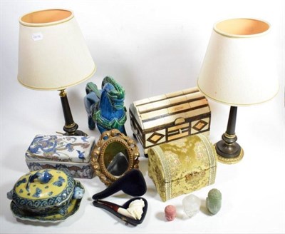 Lot 197 - A group of modern decorative items including: a pair of patinated and gilt bronze table lamps;...