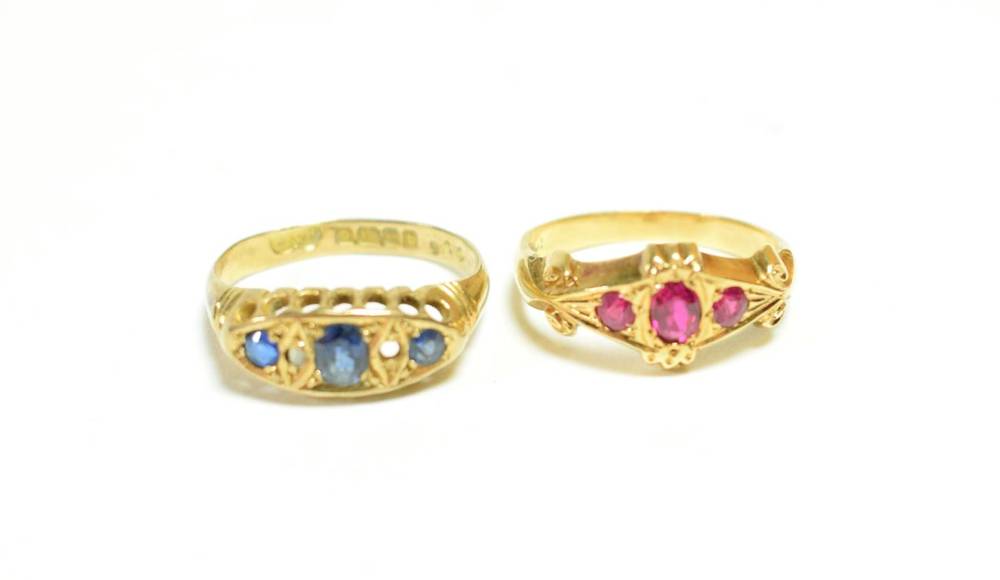 Lot 207 - An 18 carat gold sapphire and diamond ring (one diamond missing), finger size N; and a ruby and...