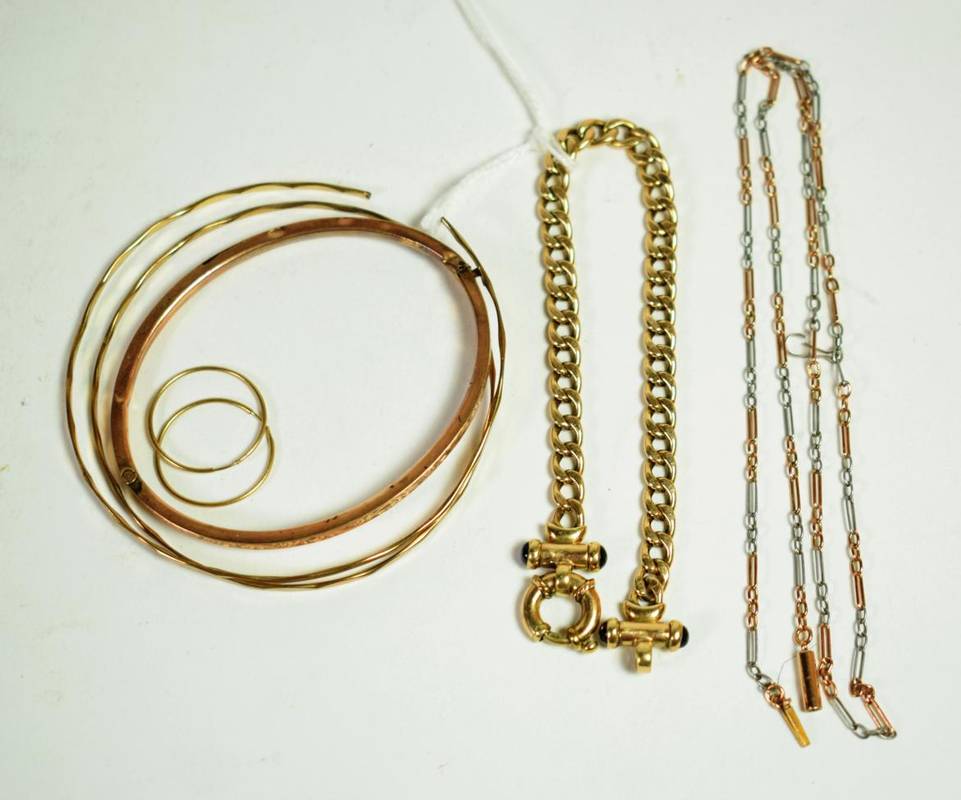 Lot 210 - A 9 carat gold curb link bracelet, length 19cm; a bi-metal necklace, length 50cm; a pair of...