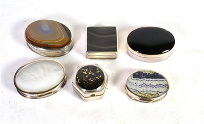 Lot 220 - A group of six modern hardstone and mother of pearl set silver pill boxes, all with UK...