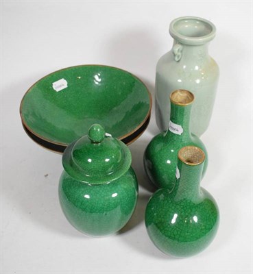 Lot 266 - A Chinese porcelain celadon twin-handled vase and five pieces of Chinese green crackle-glazed...