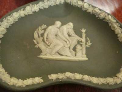 Lot 282 - A late 19th century Wedgwood moss green jasper twin-handled vase; a similar oval tray; two pots and