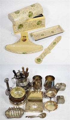 Lot 286 - Four pieces of papier mache desk items including a correspondence box and a letter opener...