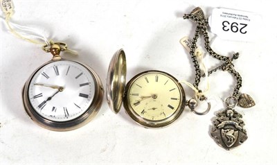 Lot 293 - A silver full hunter pocket watch with attached white metal watch chain and attached silver...